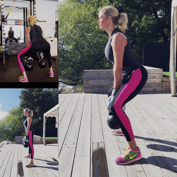 Carolina Gynning svingar kettlebells. Foto: instagram misscarolinagynning